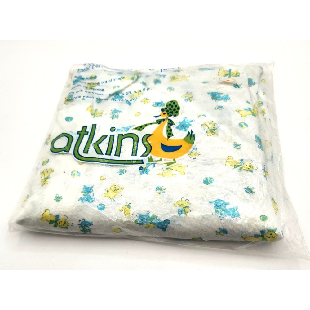 Atkins Vintage Fitted Crib Sheet Lambs Bears Cats Cute Animals  28" X 52" NOS